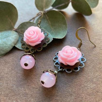 Romantic Pink Rose Earrings With Glass Beads,..