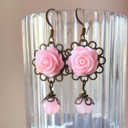 Romantic Pink Rose Earrings With Glass Beads,..
