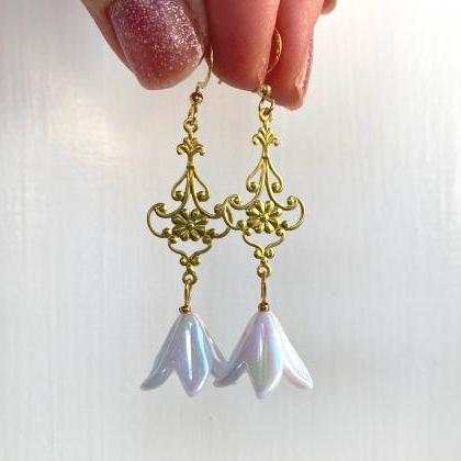Art Nouveau Bell Flower Earrings, Gold Dangle..