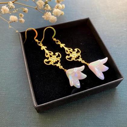 Art Nouveau Bell Flower Earrings, Gold Dangle..