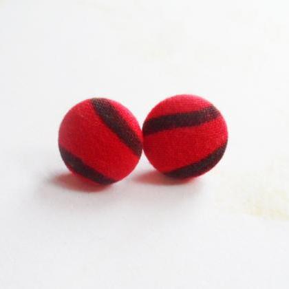 Scandinavian Stud Earrings With Stripy Red Fabric..