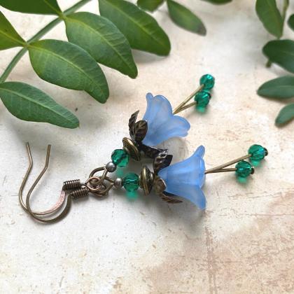 Blue Bell Flower Earrings With Turquoise Glass..