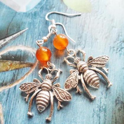 Silver Wasp / Bee Earrings With Orange Carnelian..