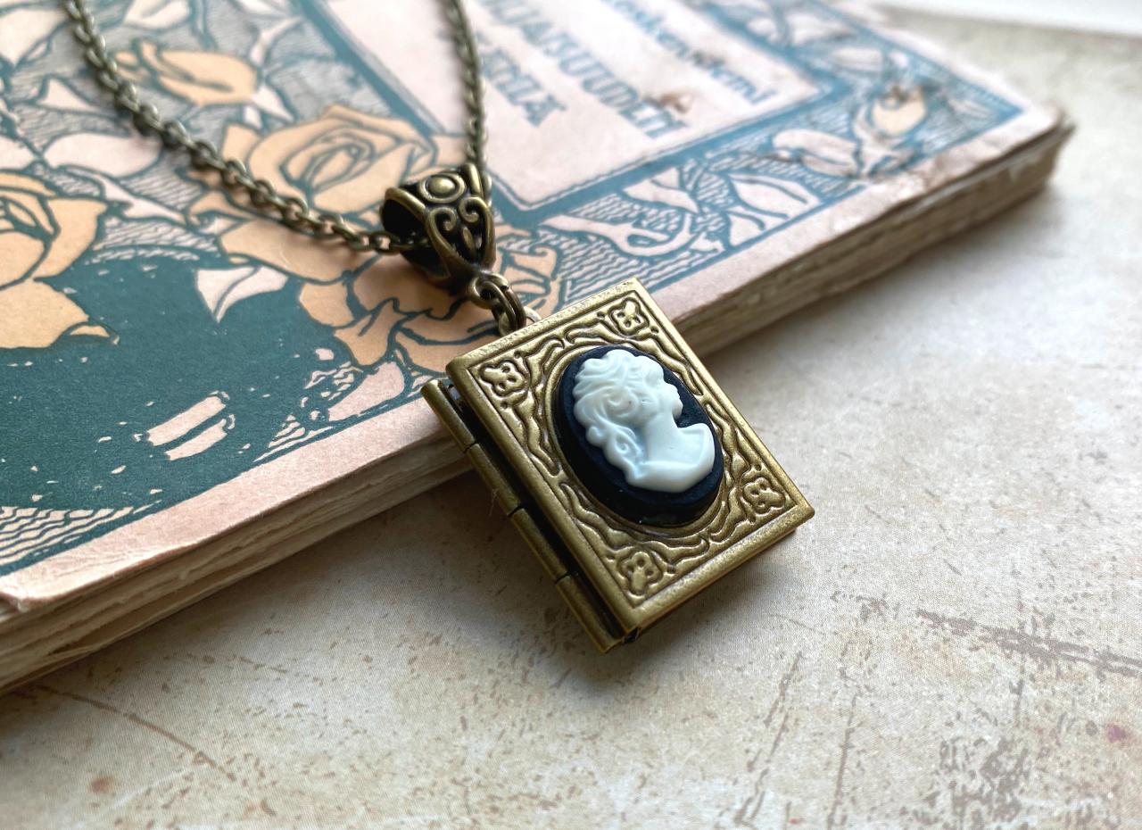 Beautiful Cameo Necklace With A Brass Book Locket Pendant And Lady Cameo, Selma Dreams