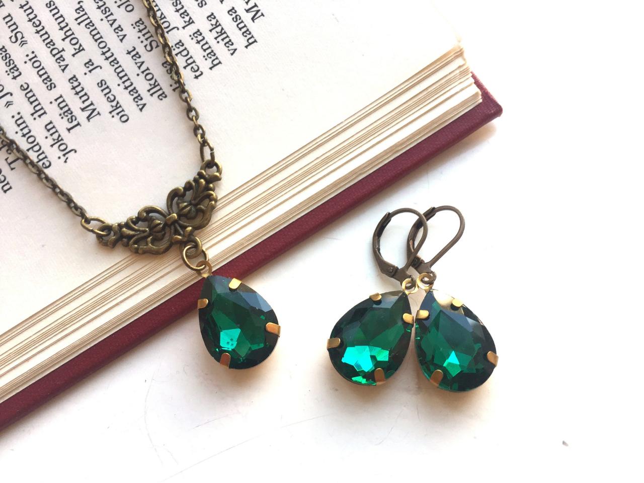 Vintage Inspired Emerald Green Jewel Necklace And Earrings Set, Selma Dreams