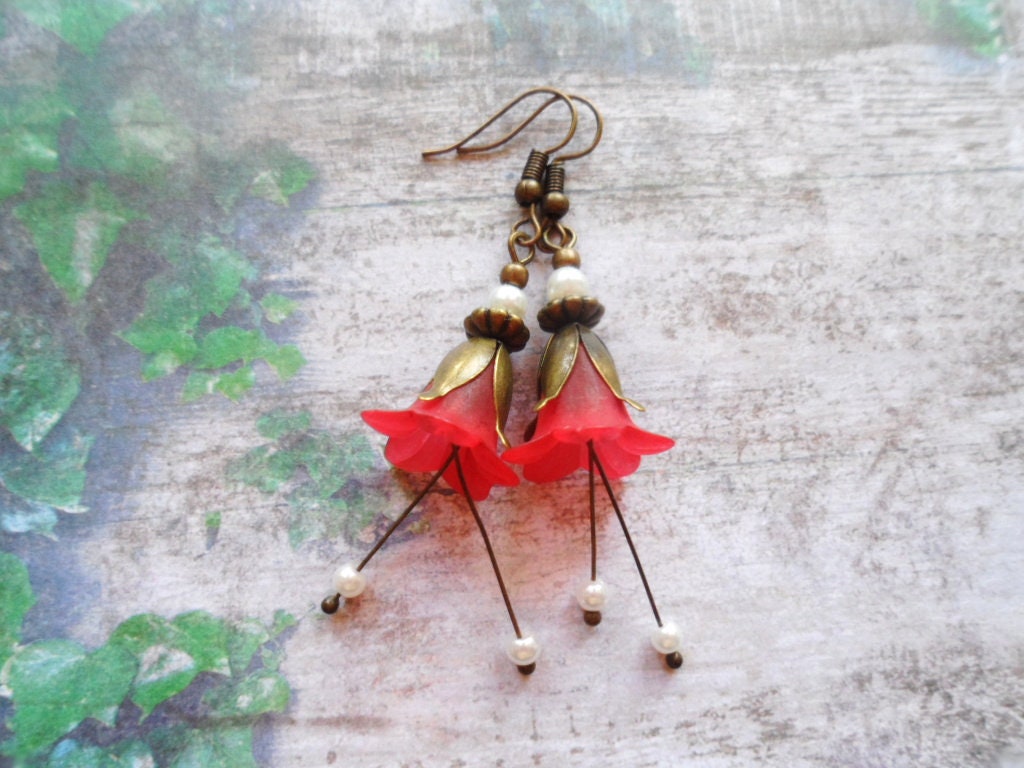 Red Bell Flower Earrings With Brass Petals And Ivory Glass Pearls, Selma Dreams