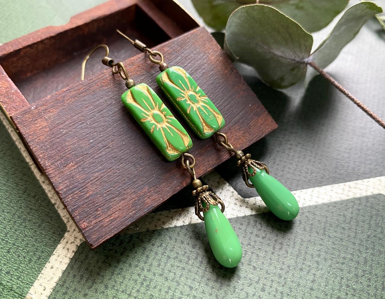 Moroccan Style Green And Gold Glass Earrings, Selma Dreams