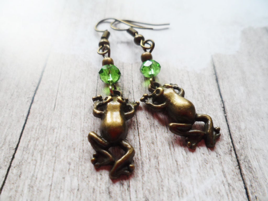 Adorable Antiqued Brass Frog Earrings With Forest Green Glass Beads, Selma Dreams