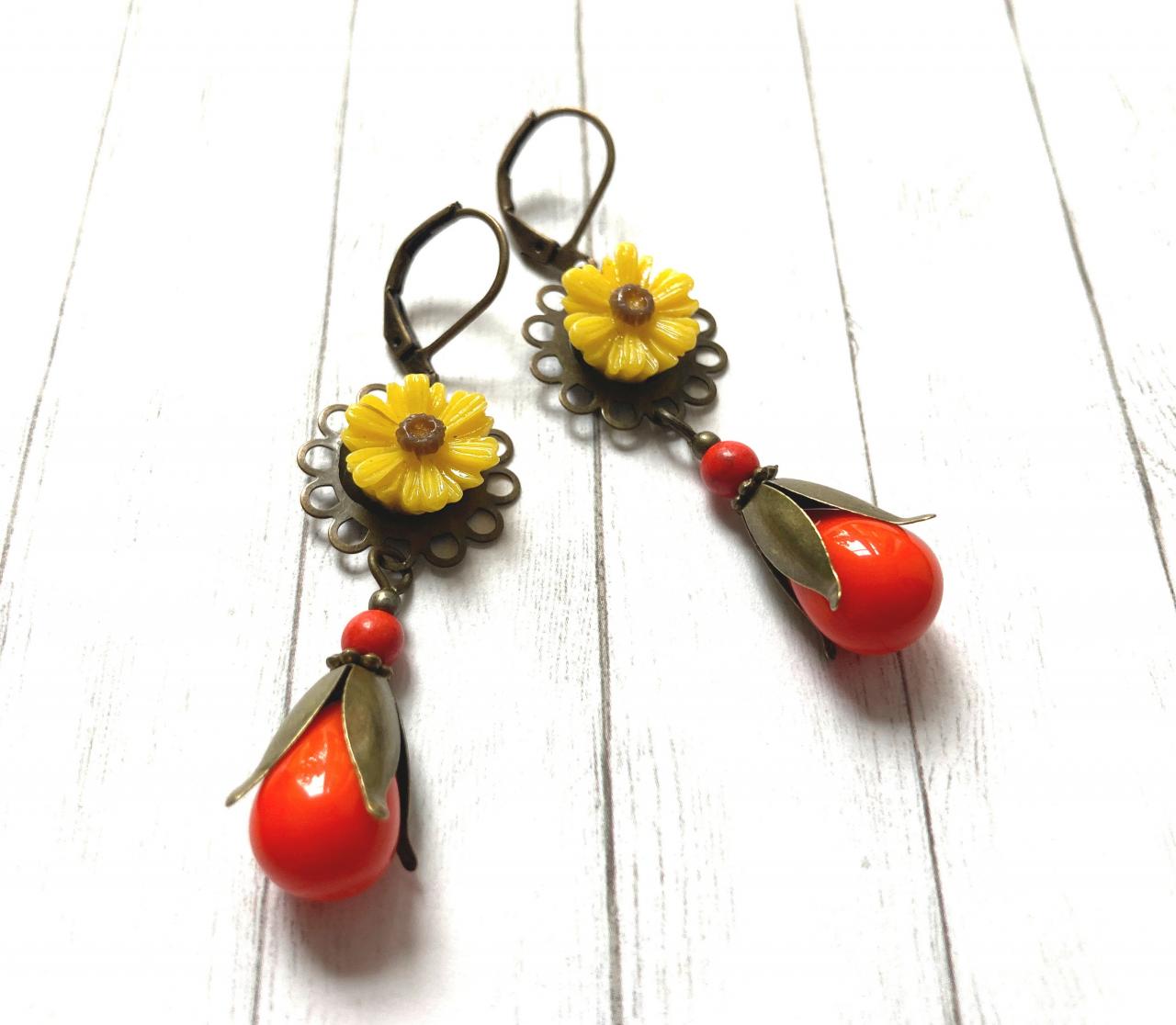 Yellow Daisy Earrings With Orange Glass Beads, Selma Dreams