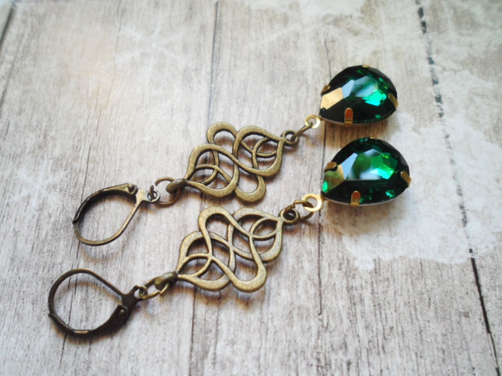 Downton Abbey Inspired Earrings With Emerald Tone Glass Pendants, Selma Dreams