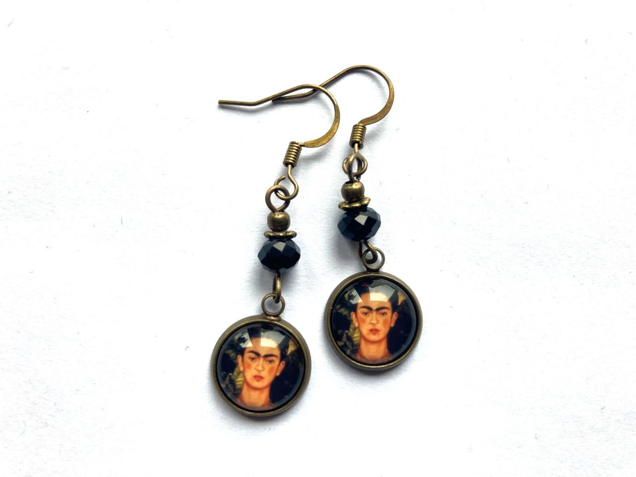 Frida Kahlo Earrings With Black Glass Beads, Selma Dreams