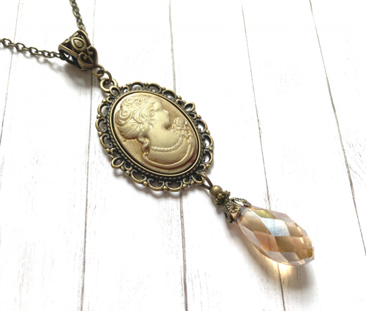 Beautiful Brass Necklace With A Beautifully Detailed Lady Cameo Pendant, Selma Dreams