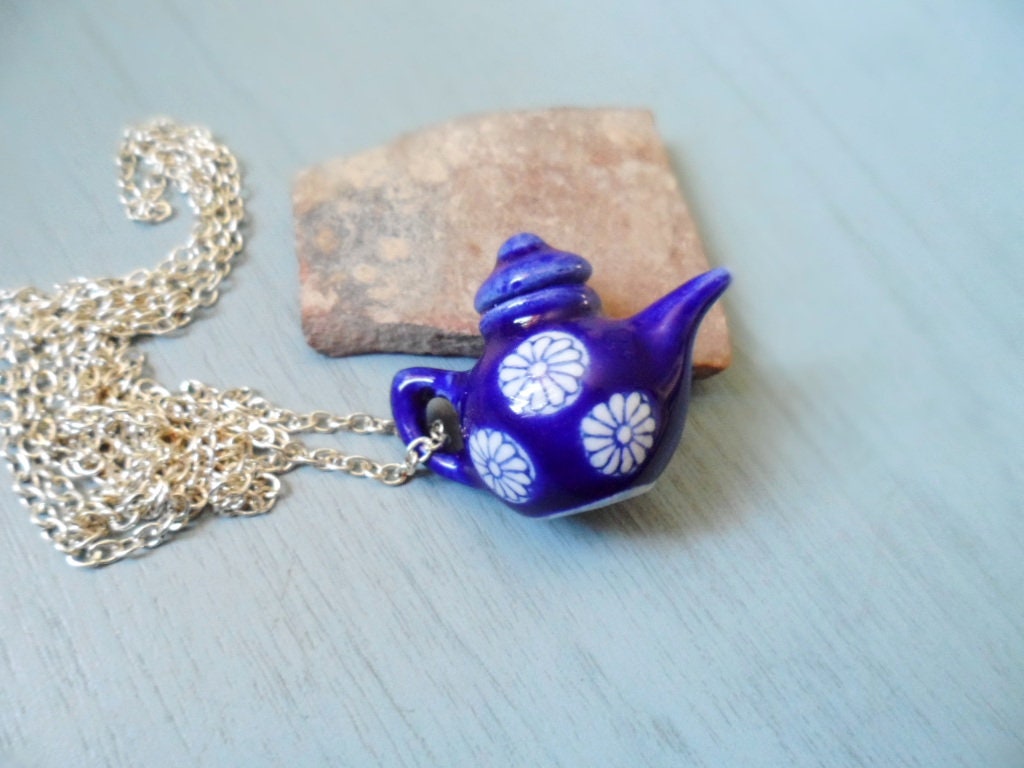Whimsical silver plated necklace with a porcelain blue teapot pendant, Selma Dreams