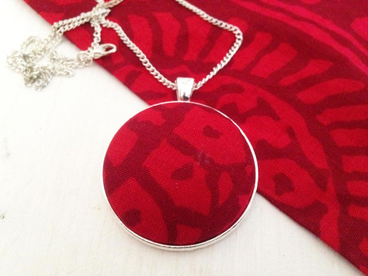 Scandinavian Silver Tone Pendant With Red Repurposed Marimekko Cotton Fabric, Selma Dreams