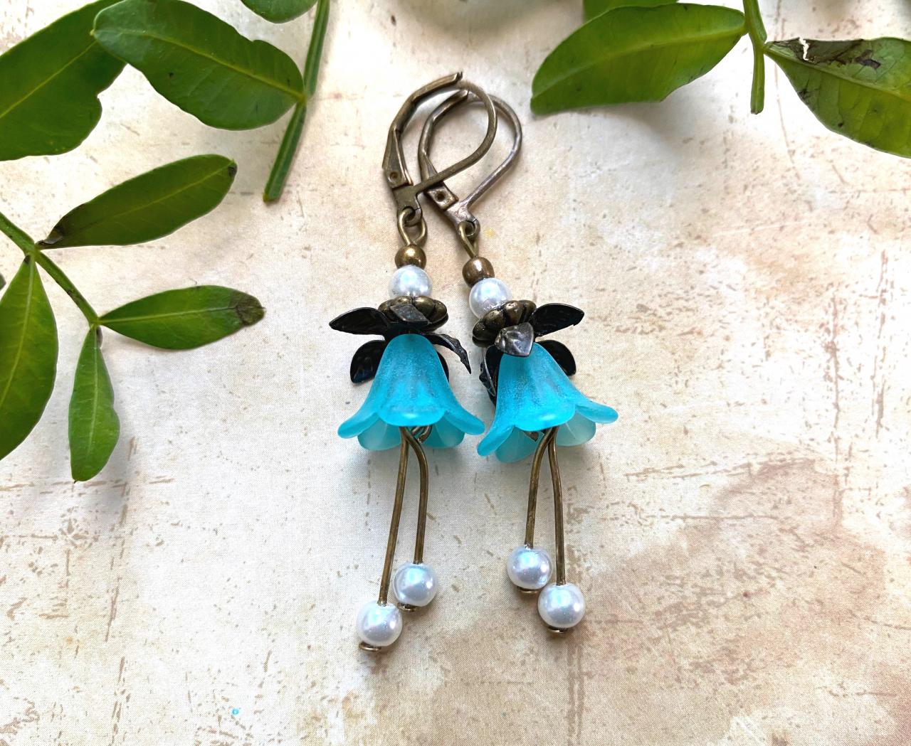 Gorgeous Teal Bell Flower Earrings With Ivory Pearls, Selma Dreams