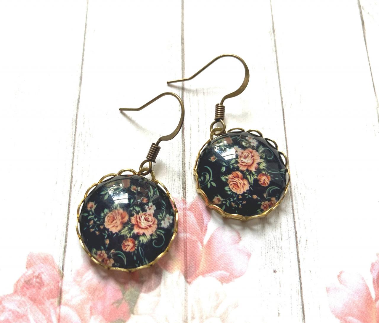 Brass Earrings With Flower Pendants And Lace Edge, Antique Style Brass, Selma Dreams