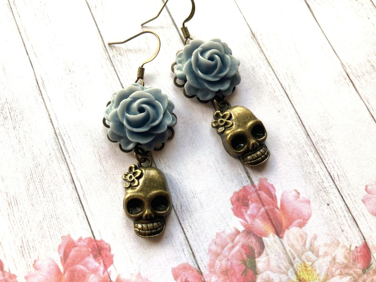 Skull Earrings With Blue Rose Pendants, Day Of The Dead Jewelry, Selma Dreams