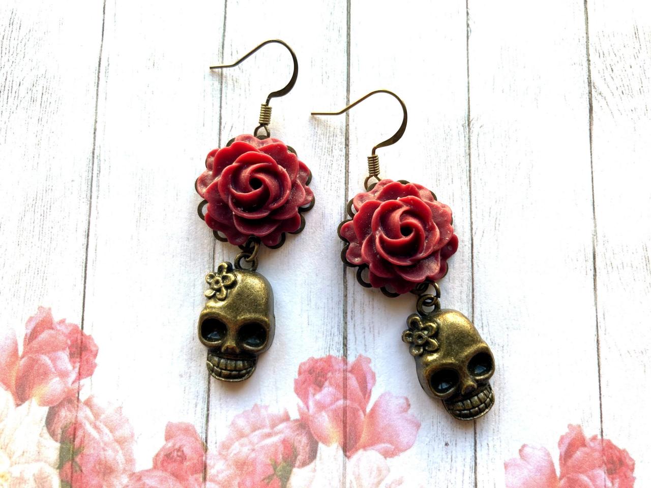 Skull Earrings With Red Rose Pendants, Day Of The Dead Jewelry, Selma Dreams