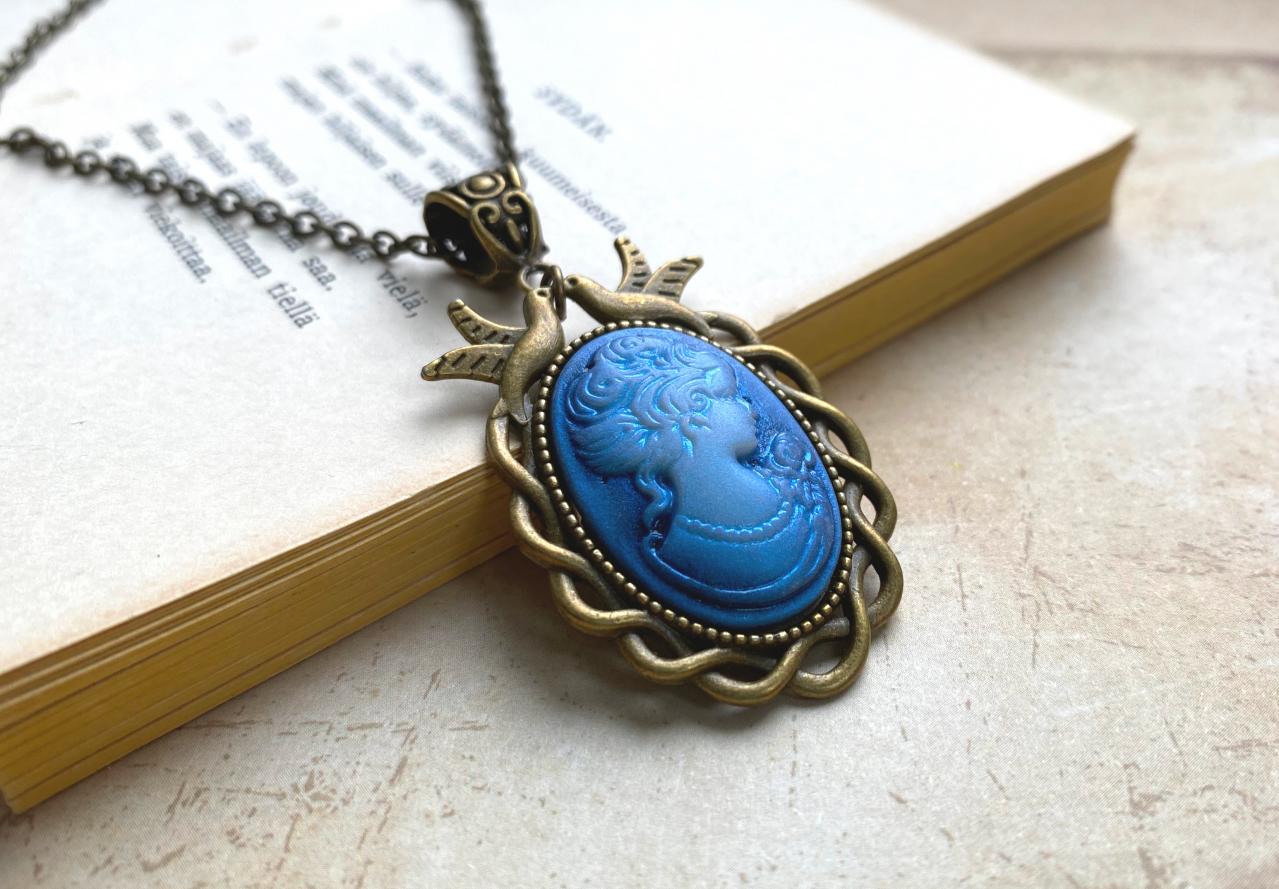 Beautiful Blue Lady Cameo Necklace In A Bird Adorned Setting, Selma Dreams