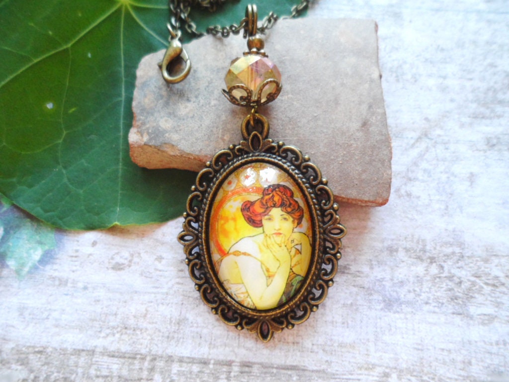 Gorgeous Necklace With A Alphonse Mucha 'topaz' Cameo Pendant And A Champagne Faceted Glass Bead, Selma Dreams