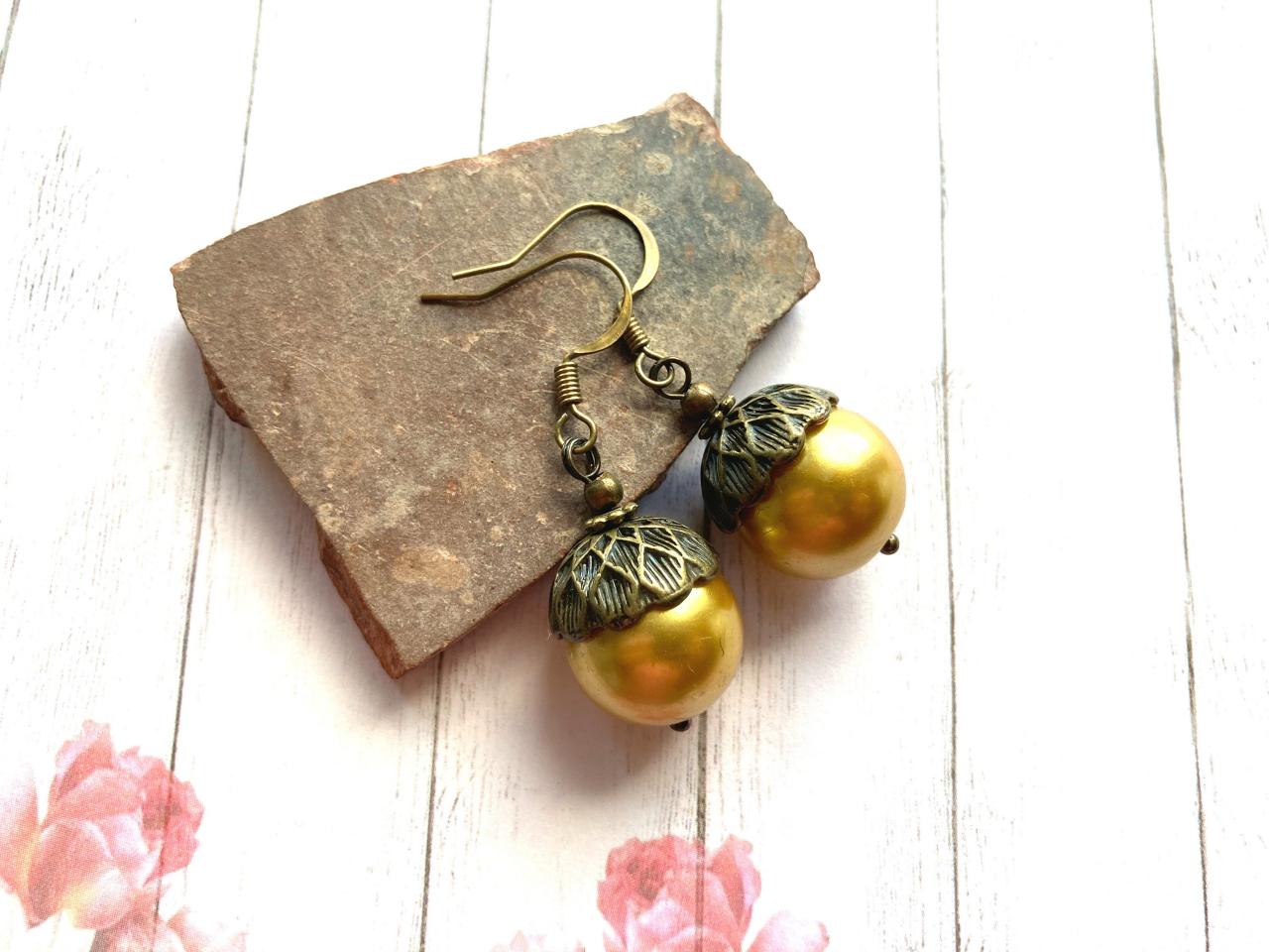 Vintage Inspired Acorn Earrings With A Gold Tone Glass Pearls, Selma Dreams