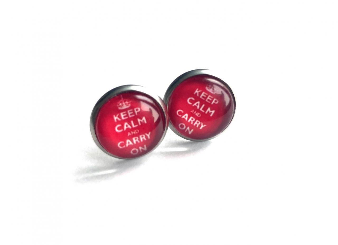 Surgical Steel 'keep Calm And Carry On' Stud Earrings