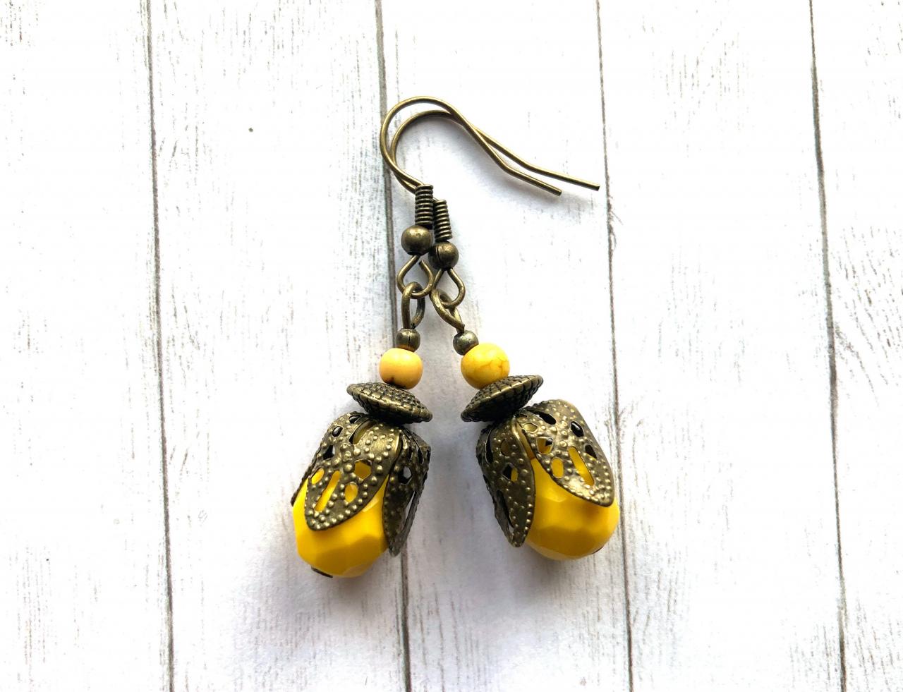 Moroccan Style Brass Earrings With Yellow Glass Beads, Selma Dreams