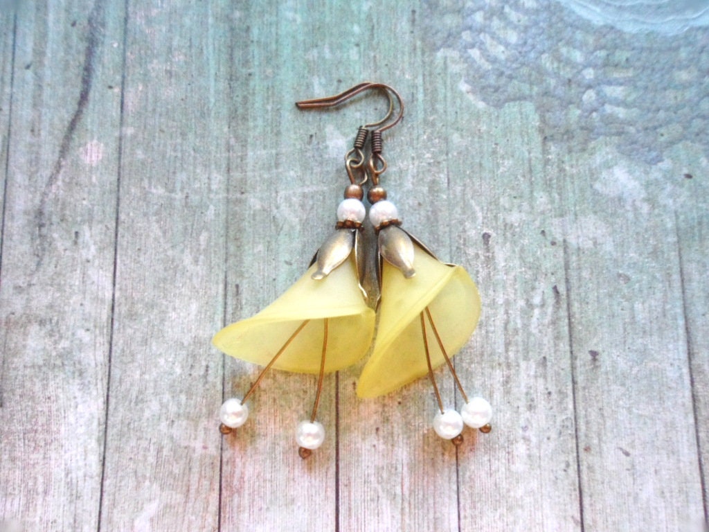 Yellow Calla Lily Earrings With Brass Petals And Ivory Glass Pearls, Selma Dreams