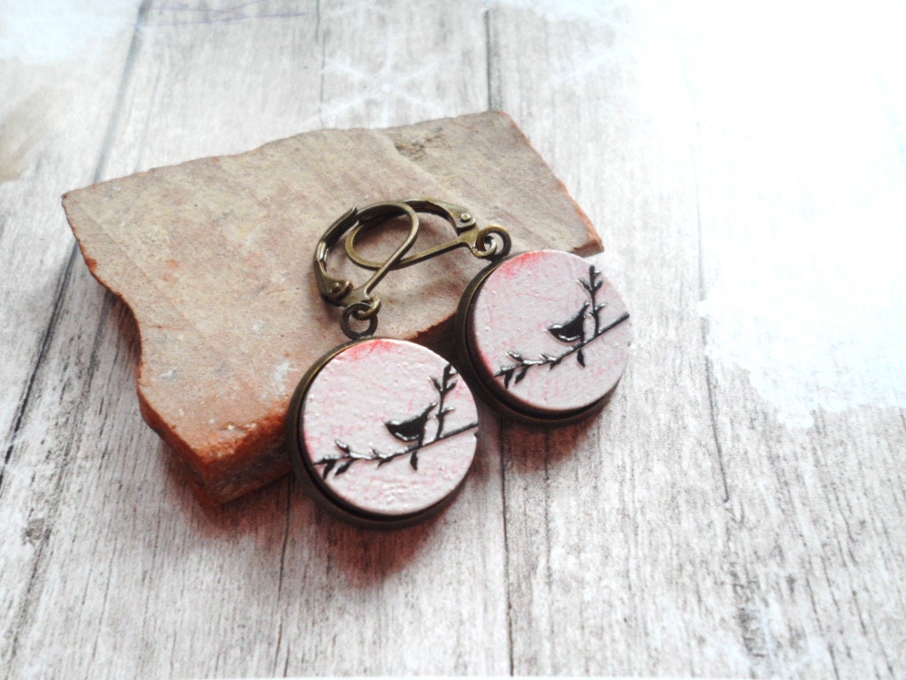 Beautiful Brass Earrings With Embossed Wooden Bird Pendants, Selma Dreams