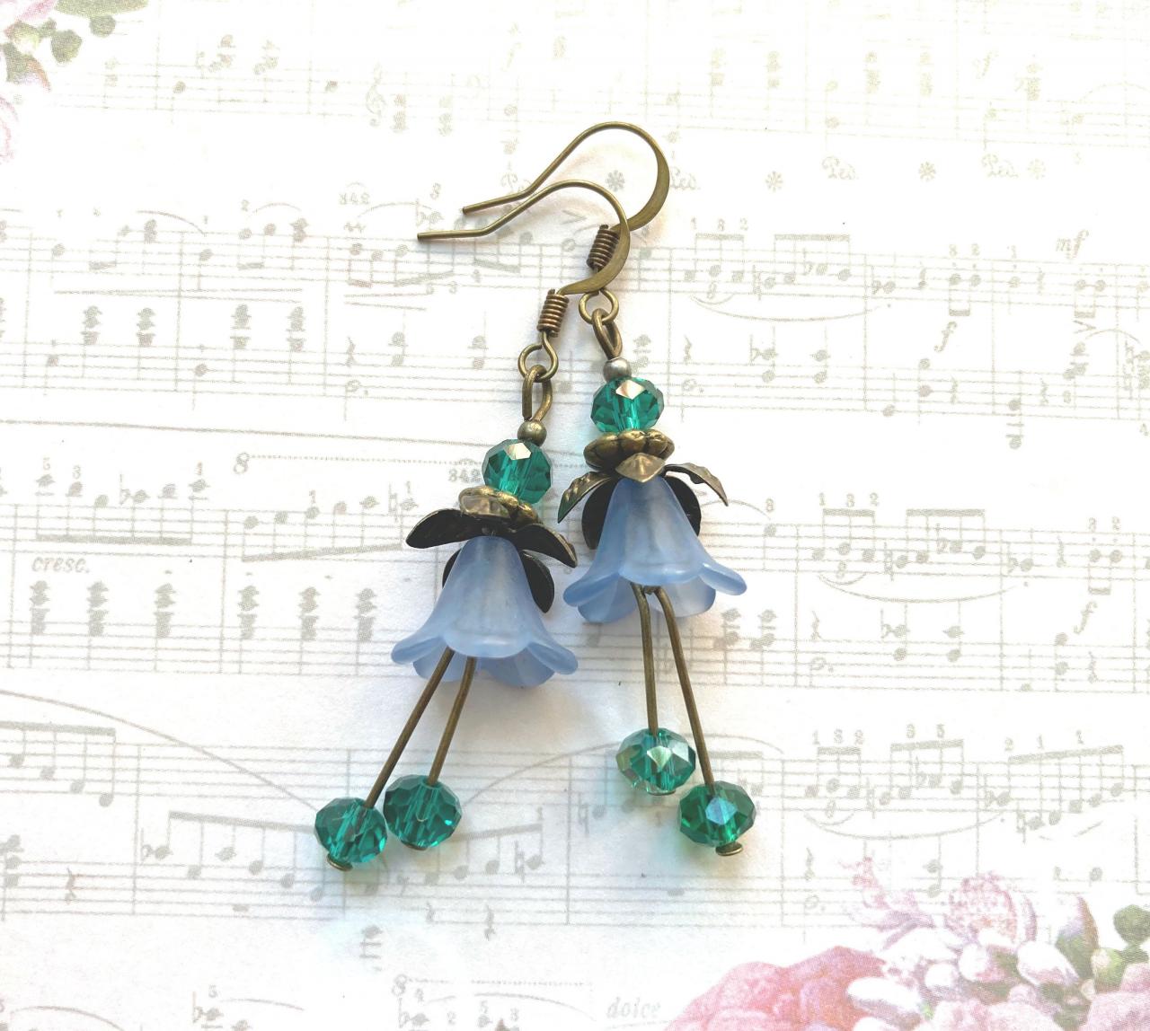 Stunning Blue Bell Flower Earrings And Teal Glass Beads, Selma Dreams