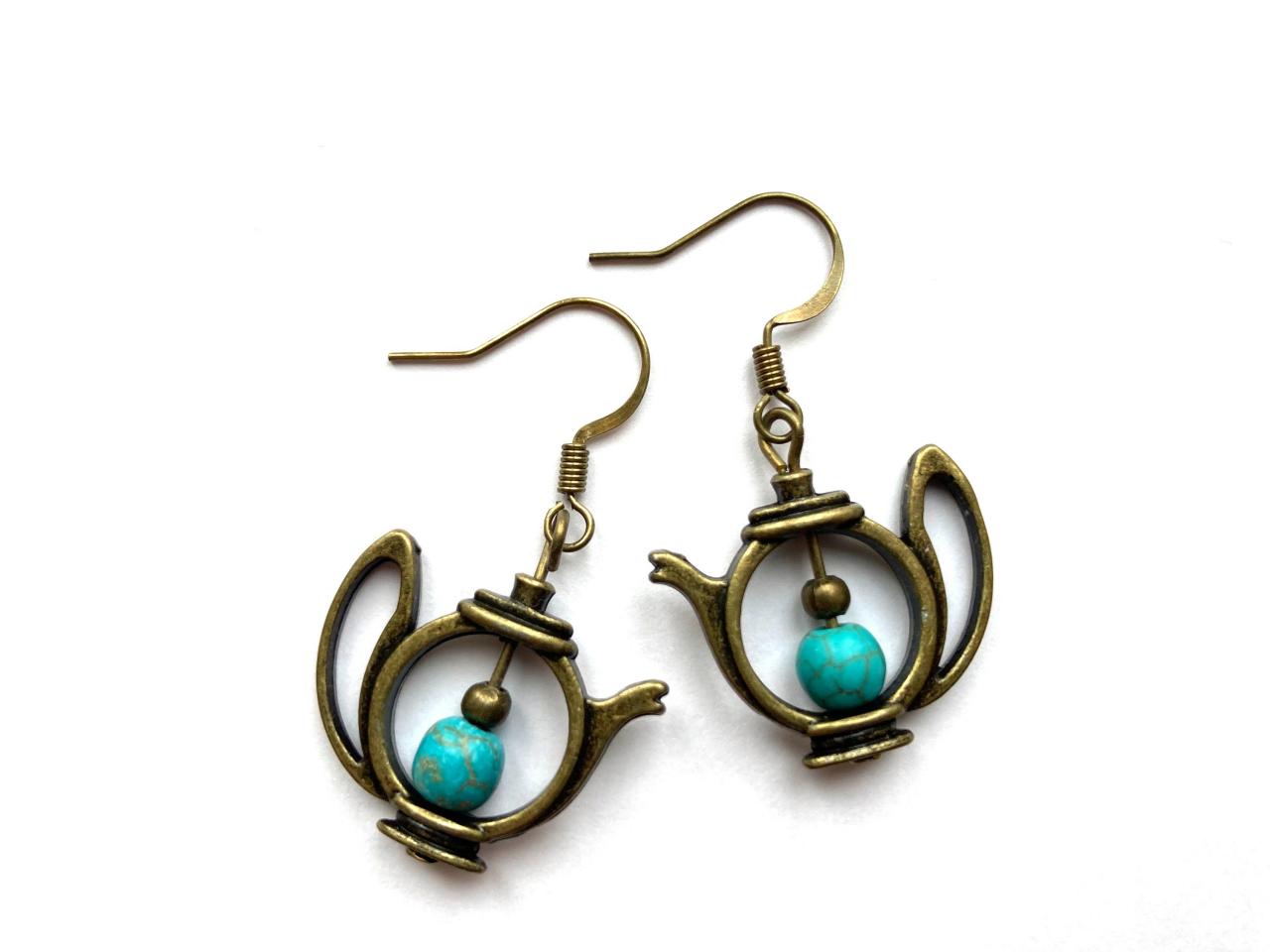 Alice in wonderland inspired brass teapot earrings with turquoise beads, Selma Dreams