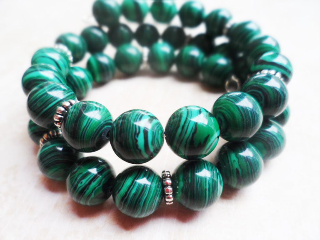 Silver Bracelet With Green Malachite Natural Gemstone Pearls, Selma Dreams