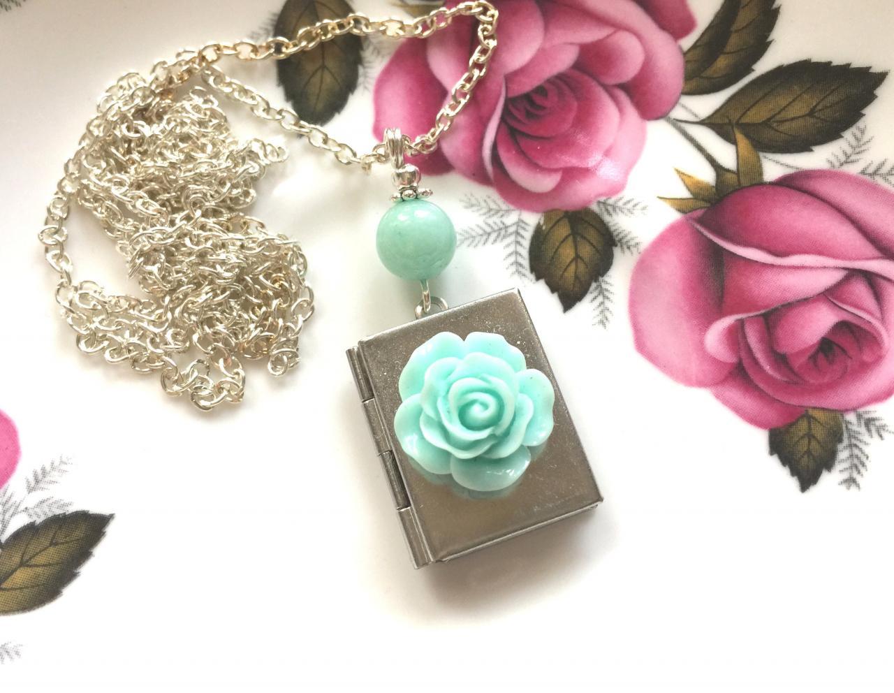 Sweet Necklace With A Mint Green Flower Book Locket And Pale Green Jade Pearl, Selma Dreams