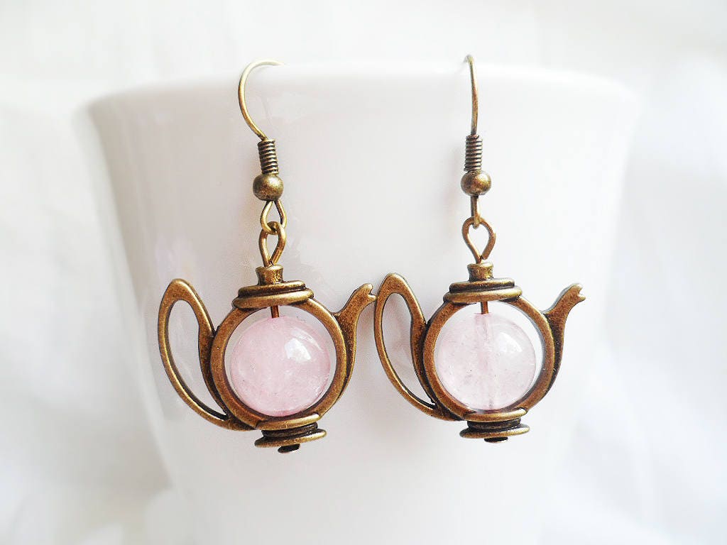 Teapot Earrings With Rose Quartz Crystal Pearls, Selma Dreams