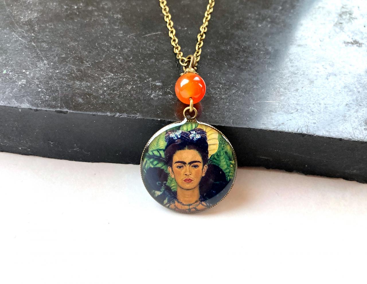 Bohemian Brass Necklace With A Frida Kahlo Pendant And An Orange Carnelian Pearl, Selma Dreams