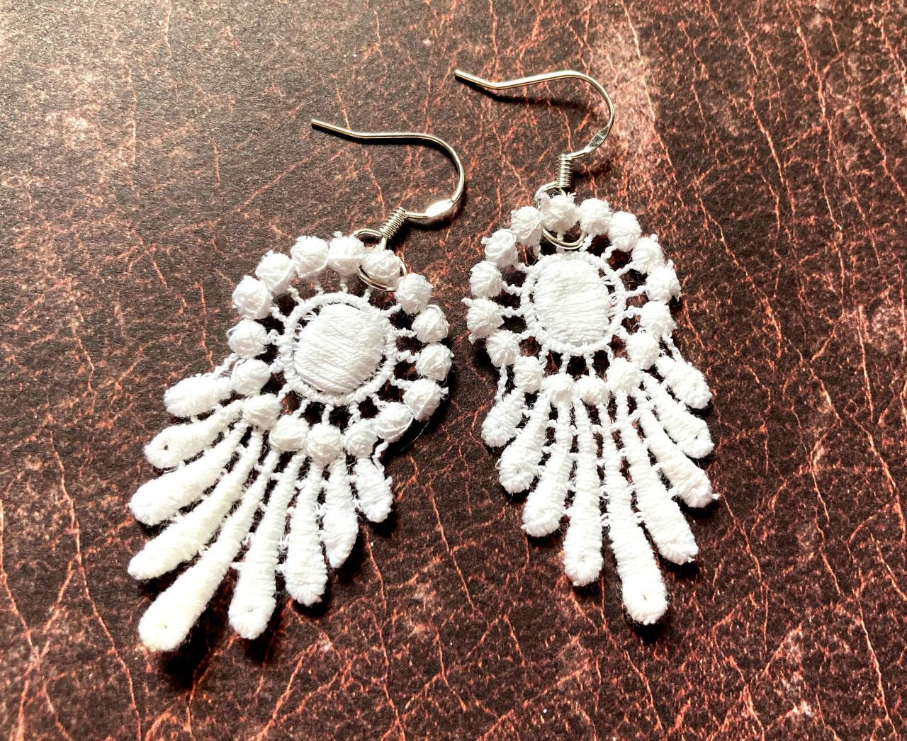 Bridal Brass Earrings With Ivory Lace Pendants And Sterling Silver Hooks, Selma Dreams