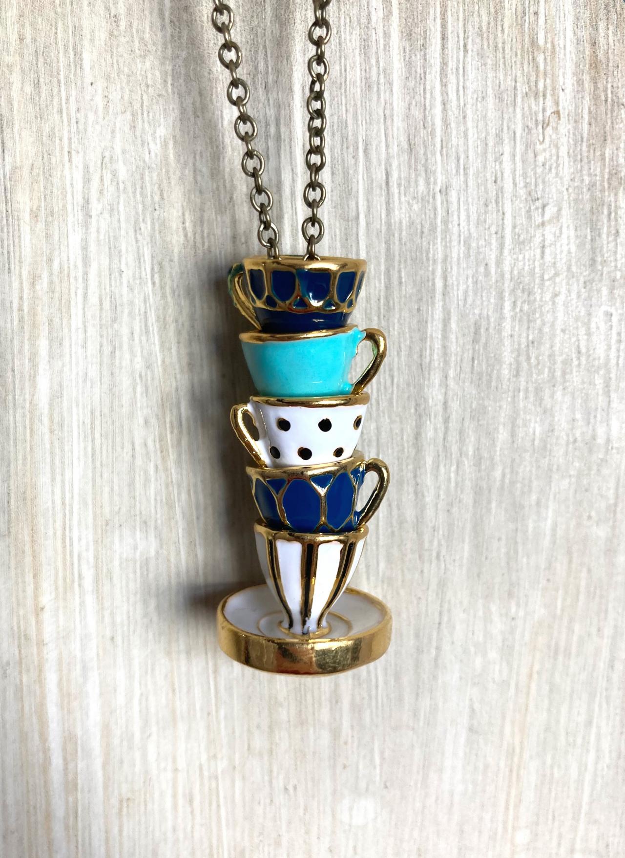 Whimsical stack of teacups necklace with brass chain, Selma Dreams jewelry