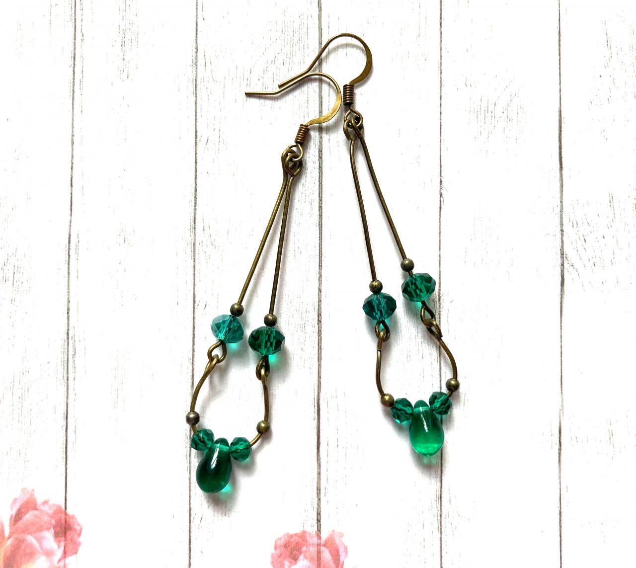 Beautiful Brass Earrings With Shimmering Teal Glass Beads, Selma Dreams