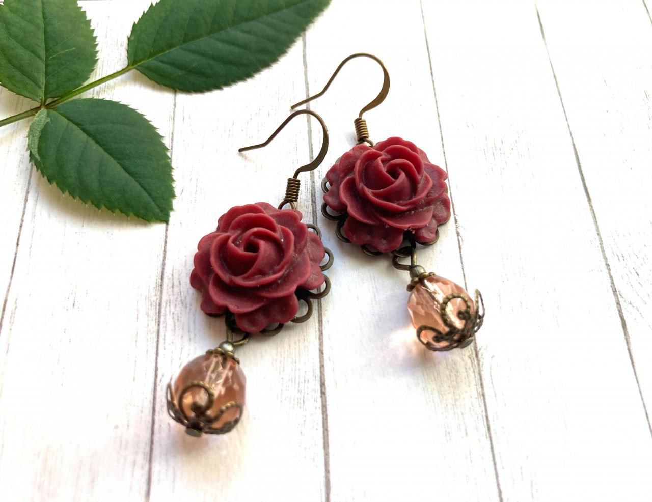Beautiful Earrings With Dark Red Rose Pendants And Glass Beads, Selma Dreams