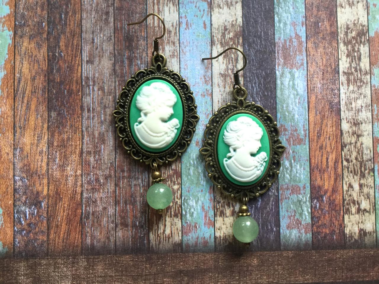 Vintage Inspired Lady Cameo Earrings With Green Aventurine Beads, Selma Dreams