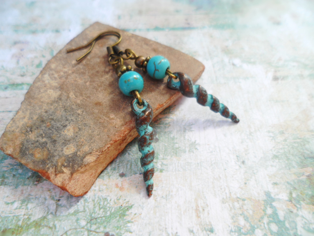 Gorgeous Patina Verdigris Earrings With Turquoise Beads, Selma Dreams