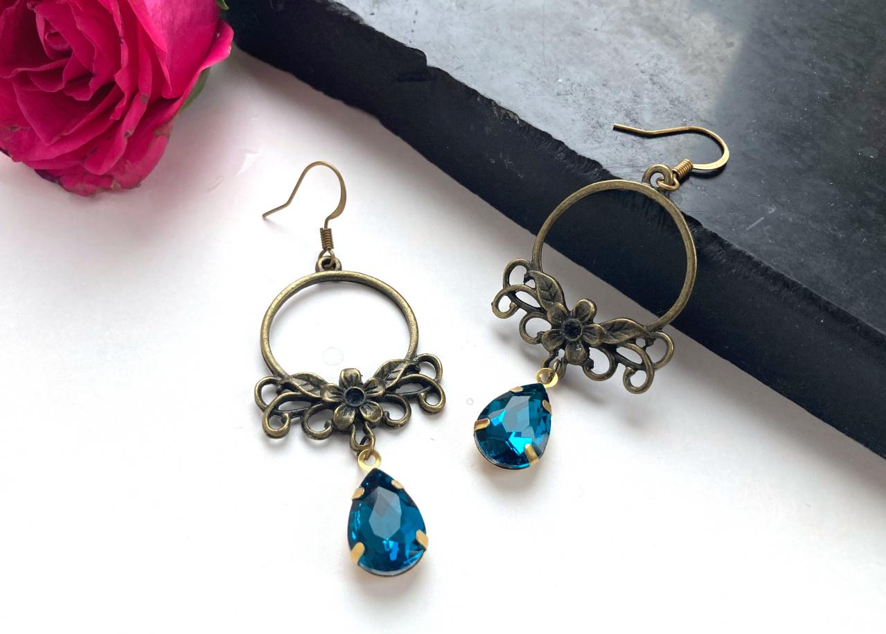 Art Nouveau Flower Earrings With Teal Glass Pendants, Selma Dreams