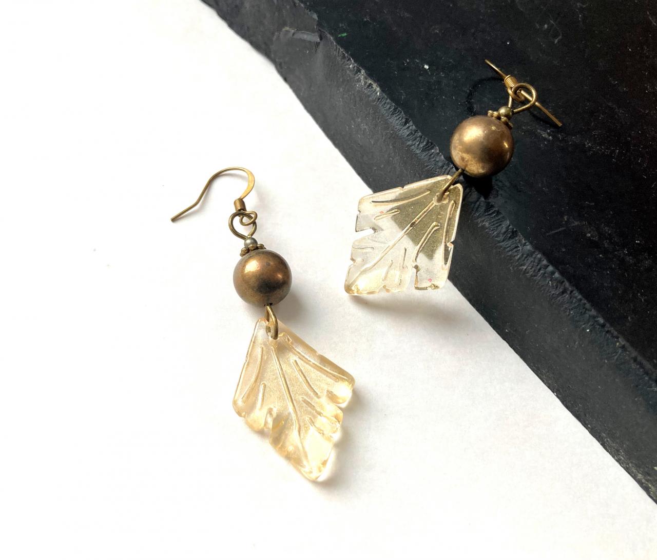 Art Nouveau Earrings With Recycled Beads And Glass Gold Leaf Pendants, Selma Dreams