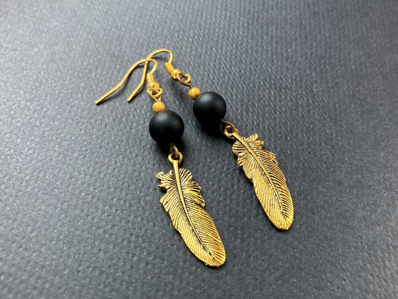 Gold Feather Earrings With Black Beads, Selma Dreams