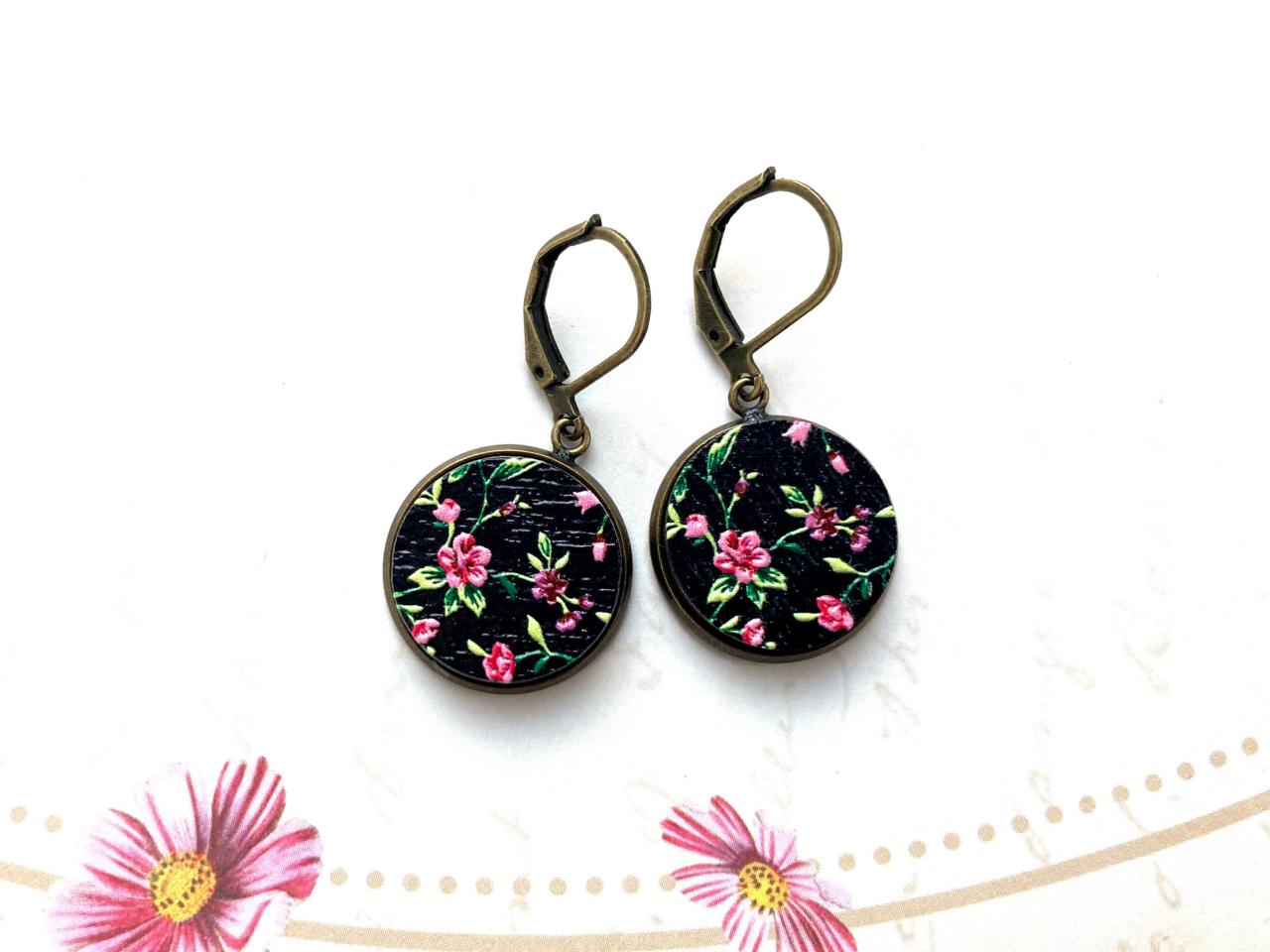 Beautiful Earrings With Black Flower Pendants, Embossed Wood And Brass, Selma Dreams