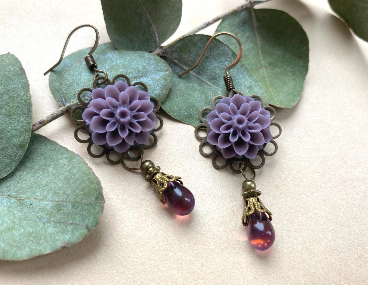 Lilac Dahlia Earrings With Glass Beads, Selma Dreams