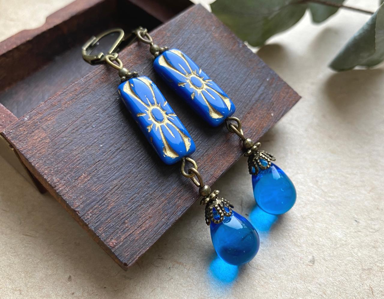Moroccan Style Blue And Gold Glass Earrings, Selma Dreams