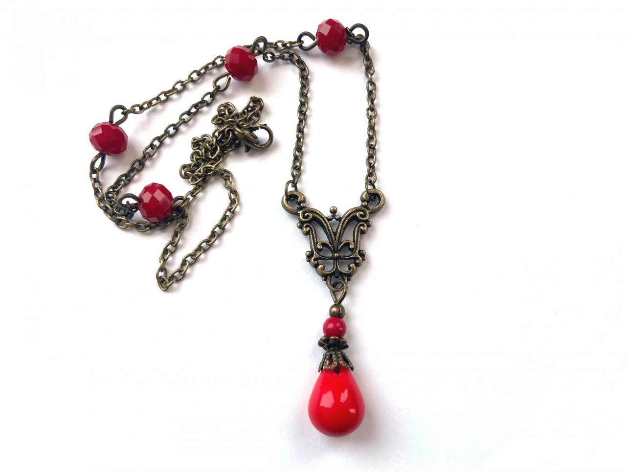 Art Nouveau Necklace With A Red Teardrop Glass Pendant, Selma Dreams
