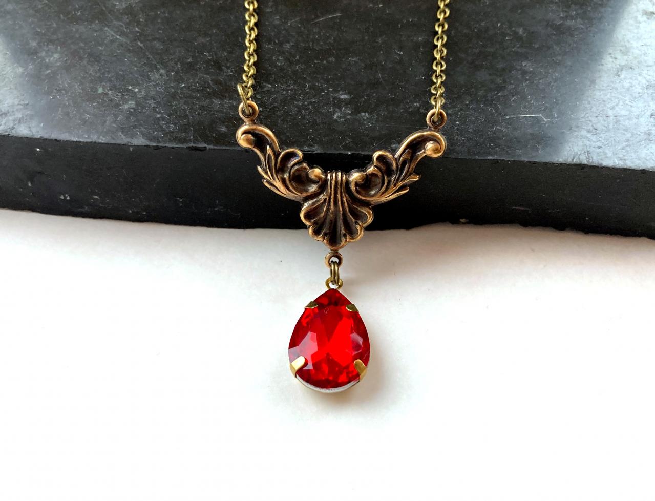 Art Nouveau necklace with a rubby red teardrop glass pendant, Selma Dreams