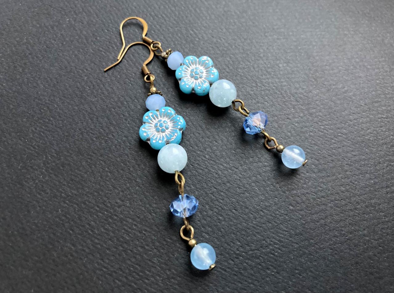 Long flower earrings with glass and blue jade beads, Selma Dreams